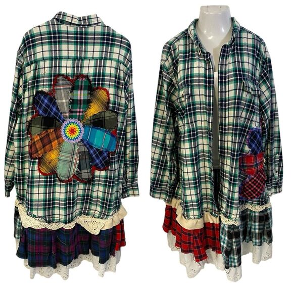 Flannel Shirt Womens 3X Duster Shacket Green Cottage Grunge Art Upcycle Peasant - Picture 3 of 16